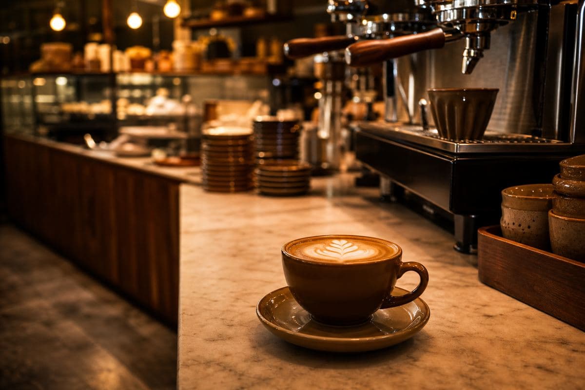 Coffee shop counter with espresso drinks