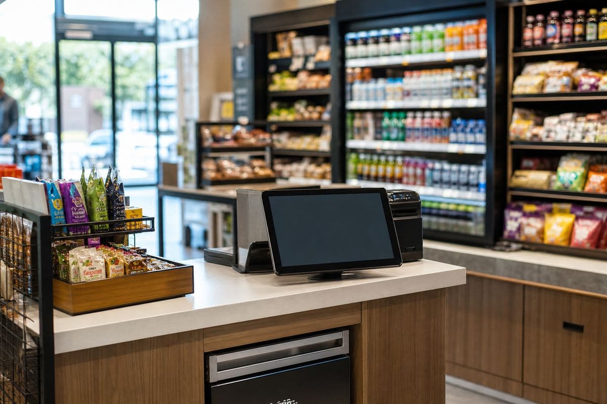 Convenience store checkout counter with tablet POS